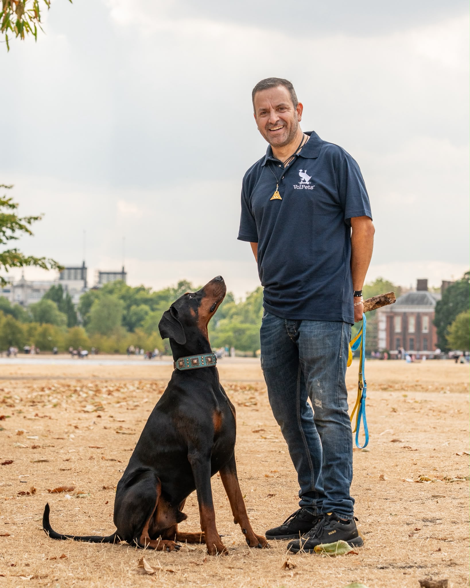 A trainer working attentively with a German Shepherd
